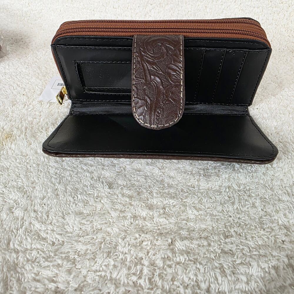 Brown Mexican Handmade Floral Embossed Leather Tab Closure Wallet - Picture 3 of 5